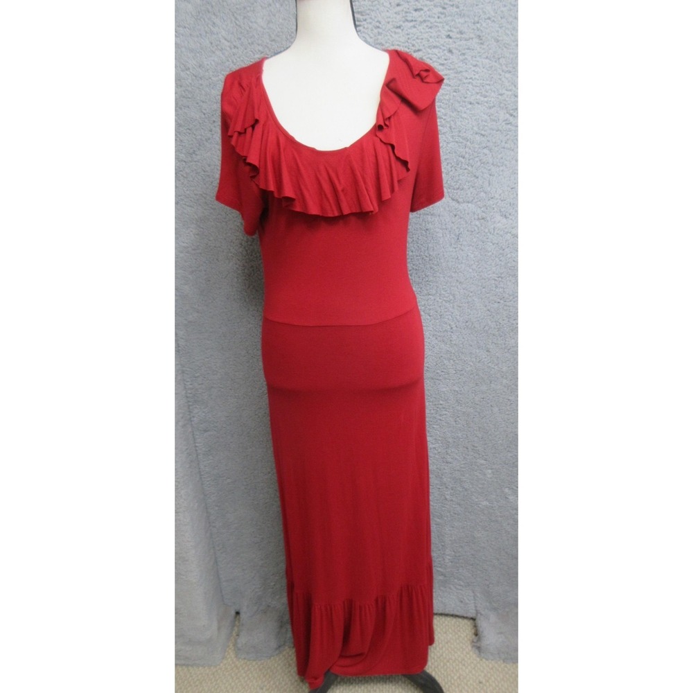 Bombom Ruffled Maxi Dress‎ Womens S Red Stretch Lightweight Romantic USA Made